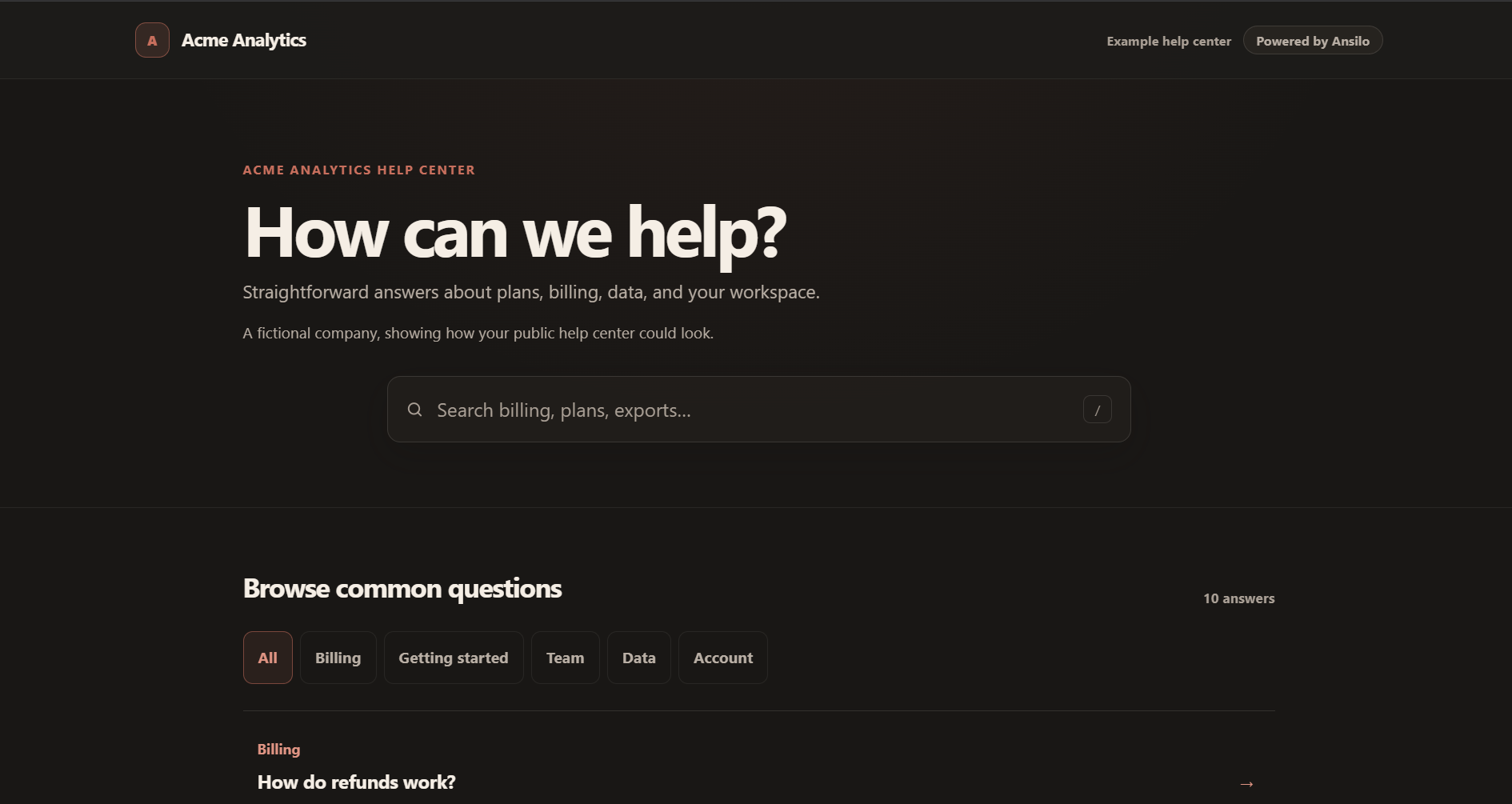 Ansilo example help centre for fictional Acme Analytics