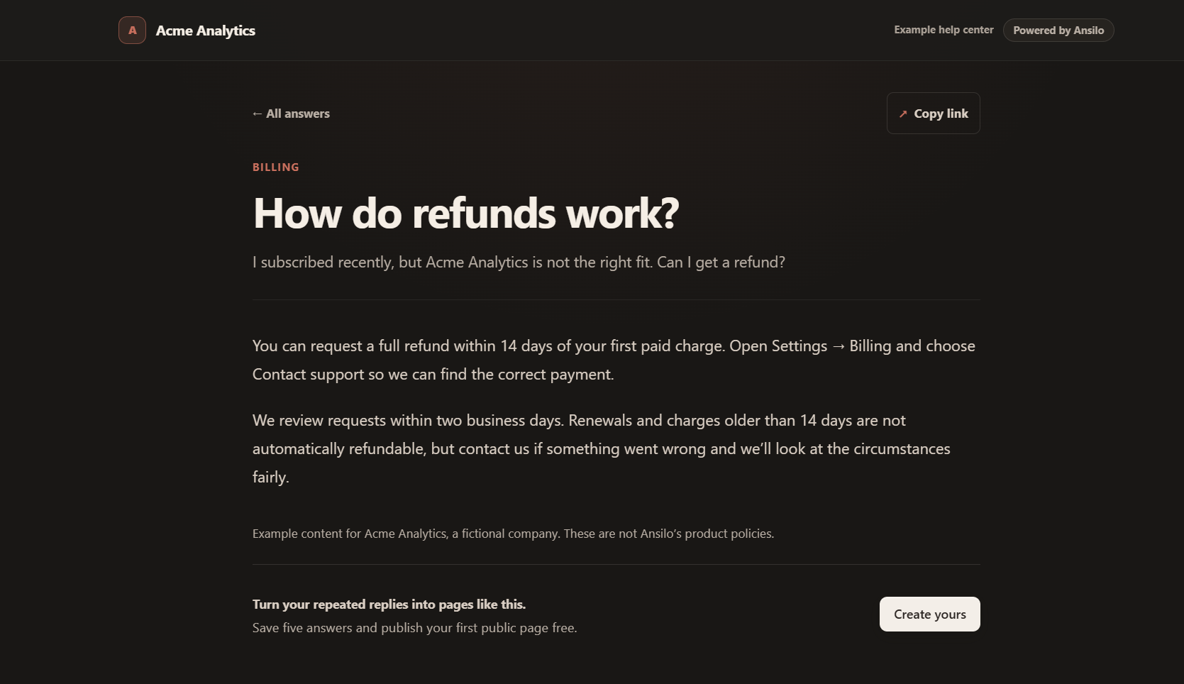 Example answer page in the Ansilo help centre